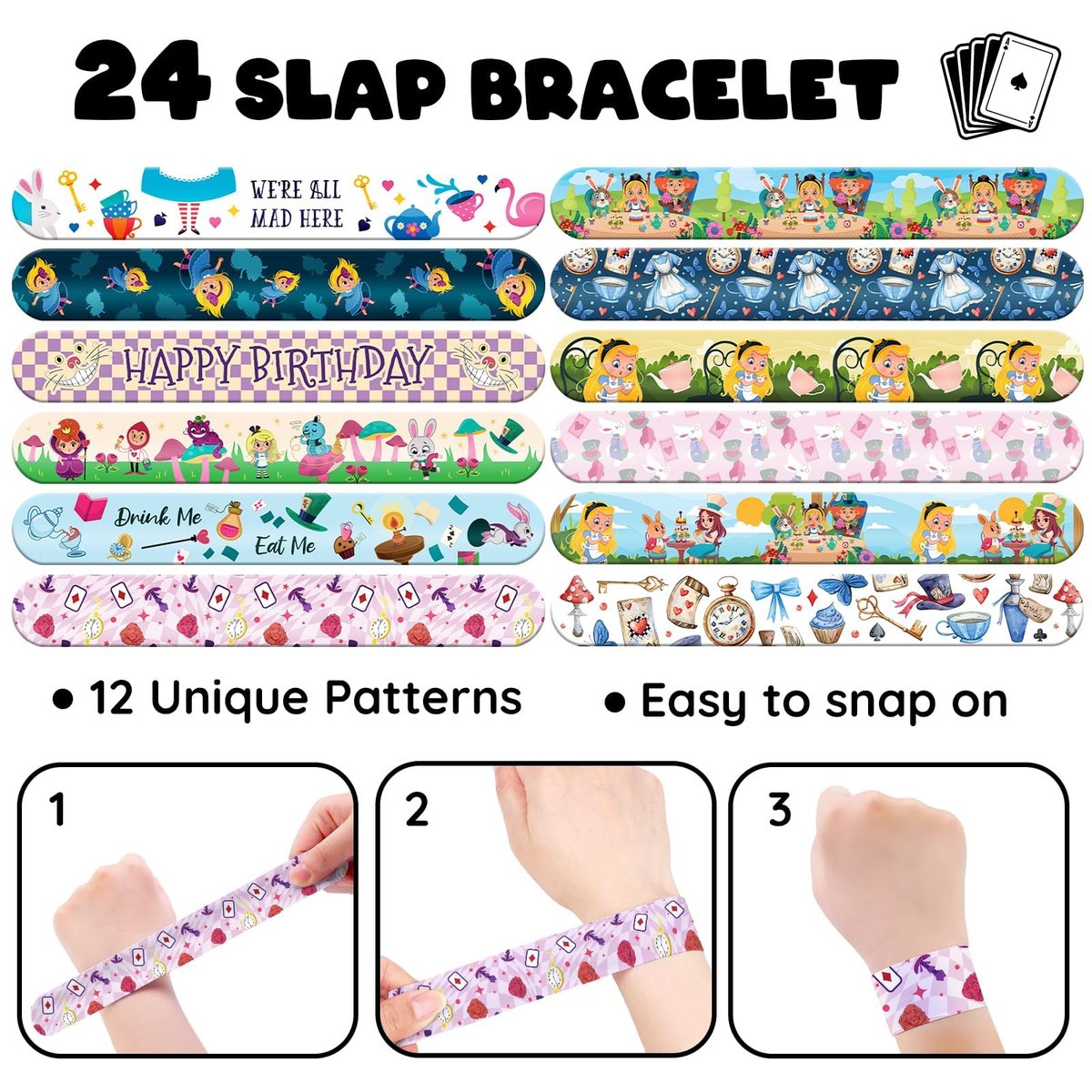 BOIKOKY 96 Pcs Alice in Wonderland Party Favor Set - Slap Bracelets & Tattoos, Fairytale Princess Birthday Gifts for Girls, Tea Party Decorations, Bulk Toys for Kids - görsel 9