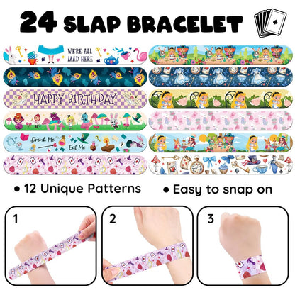 BOIKOKY 96 Pcs Alice in Wonderland Party Favor Set - Slap Bracelets & Tattoos, Fairytale Princess Birthday Gifts for Girls, Tea Party Decorations, Bulk Toys for Kids