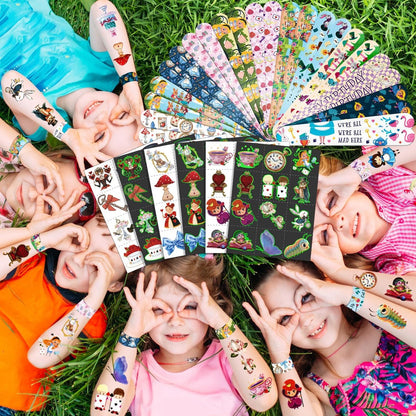 BOIKOKY 96 Pcs Alice in Wonderland Party Favor Set - Slap Bracelets & Tattoos, Fairytale Princess Birthday Gifts for Girls, Tea Party Decorations, Bulk Toys for Kids