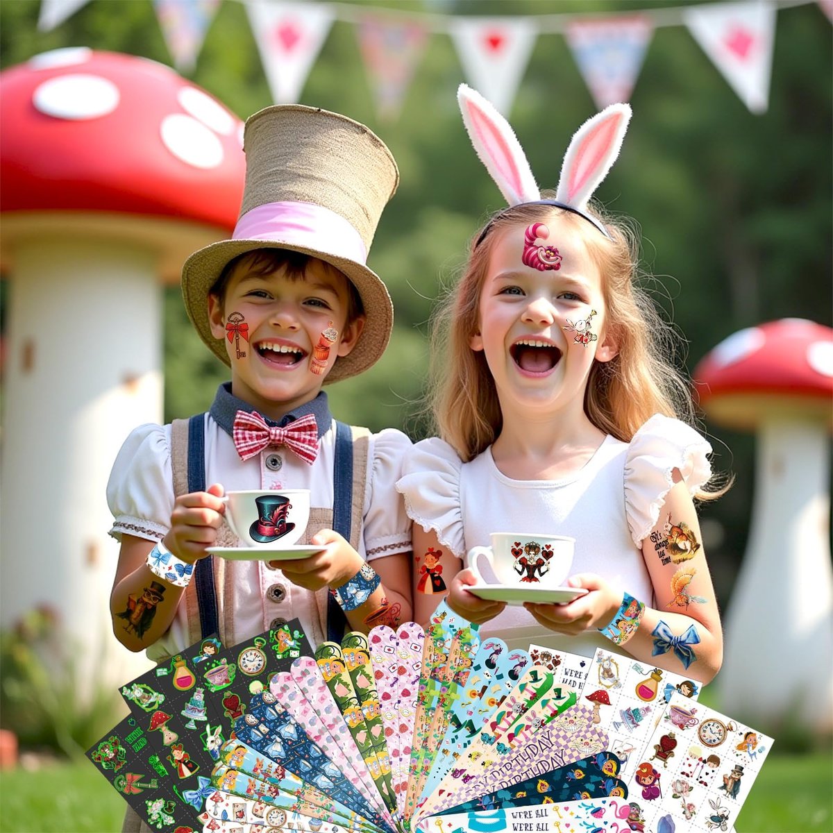 BOIKOKY 96 Pcs Alice in Wonderland Party Favor Set - Slap Bracelets & Tattoos, Fairytale Princess Birthday Gifts for Girls, Tea Party Decorations, Bulk Toys for Kids - görsel 13
