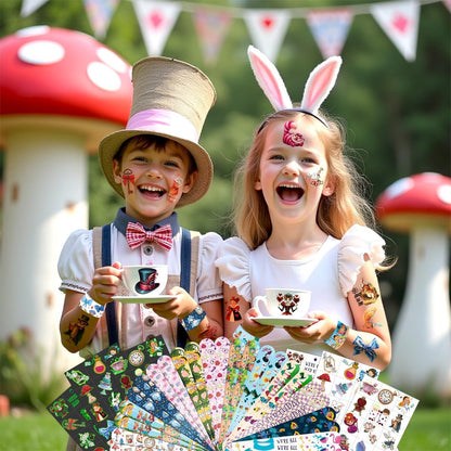 BOIKOKY 96 Pcs Alice in Wonderland Party Favor Set - Slap Bracelets & Tattoos, Fairytale Princess Birthday Gifts for Girls, Tea Party Decorations, Bulk Toys for Kids
