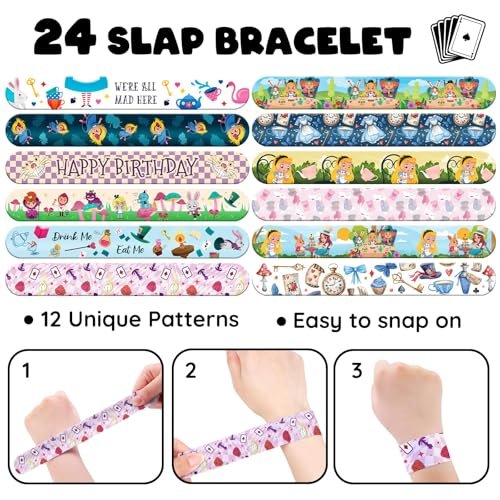 BOIKOKY 96 Pcs Alice in Wonderland Party Favor Set - Slap Bracelets & Tattoos, Fairytale Princess Birthday Gifts for Girls, Tea Party Decorations, Bulk Toys for Kids - görsel 10