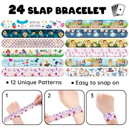 BOIKOKY 96 Pcs Alice in Wonderland Party Favor Set - Slap Bracelets & Tattoos, Fairytale Princess Birthday Gifts for Girls, Tea Party Decorations, Bulk Toys for Kids