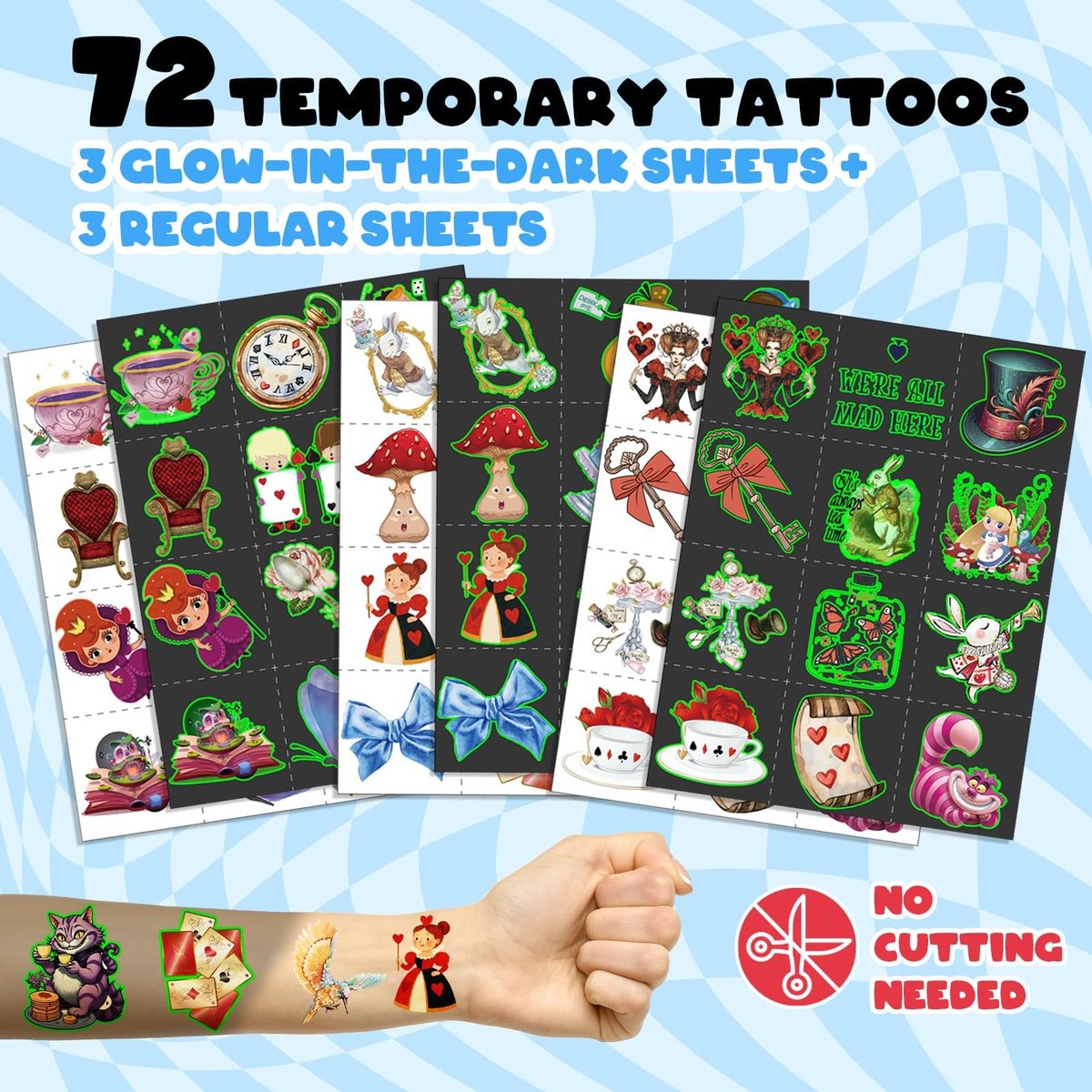 BOIKOKY 96 Pcs Alice in Wonderland Party Favor Set - Slap Bracelets & Tattoos, Fairytale Princess Birthday Gifts for Girls, Tea Party Decorations, Bulk Toys for Kids - görsel 5