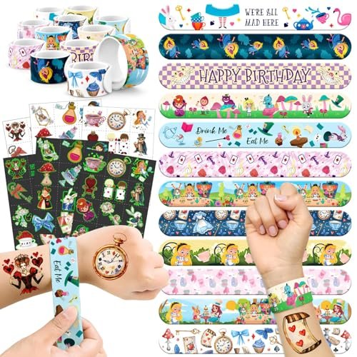 BOIKOKY 96 Pcs Alice in Wonderland Party Favor Set - Slap Bracelets & Tattoos, Fairytale Princess Birthday Gifts for Girls, Tea Party Decorations, Bulk Toys for Kids - görsel 2