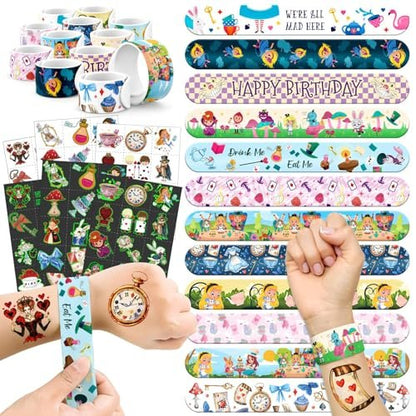 BOIKOKY 96 Pcs Alice in Wonderland Party Favor Set - Slap Bracelets & Tattoos, Fairytale Princess Birthday Gifts for Girls, Tea Party Decorations, Bulk Toys for Kids