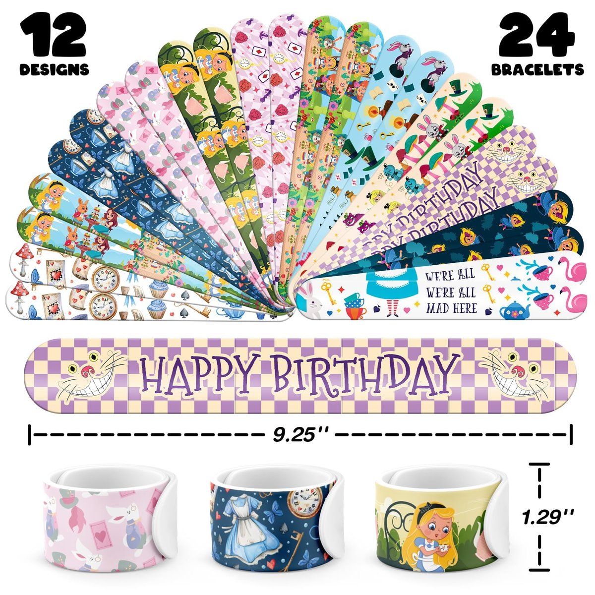BOIKOKY 96 Pcs Alice in Wonderland Party Favor Set - Slap Bracelets & Tattoos, Fairytale Princess Birthday Gifts for Girls, Tea Party Decorations, Bulk Toys for Kids - görsel 3