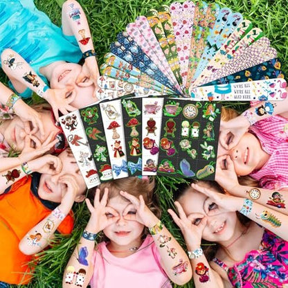 BOIKOKY 96 Pcs Alice in Wonderland Party Favor Set - Slap Bracelets & Tattoos, Fairytale Princess Birthday Gifts for Girls, Tea Party Decorations, Bulk Toys for Kids