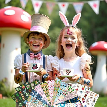 BOIKOKY 96 Pcs Alice in Wonderland Party Favor Set - Slap Bracelets & Tattoos, Fairytale Princess Birthday Gifts for Girls, Tea Party Decorations, Bulk Toys for Kids