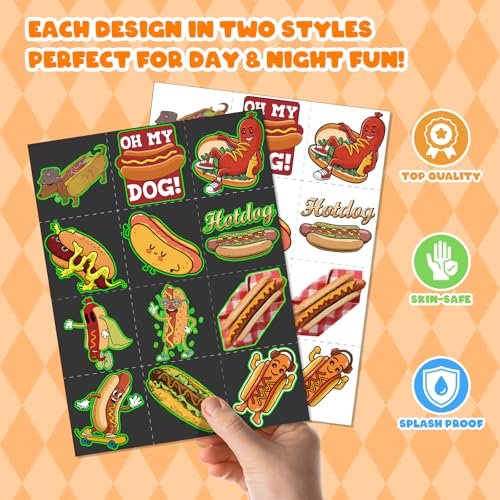 BOIKOKY 96 PCS Hot Dog Party Favors Set – 72 Pre-Cut Temporary Tattoos & 24 Slap Bracelets for Kids, Food-Themed Birthday, BBQ, Classroom Rewards - görsel 8