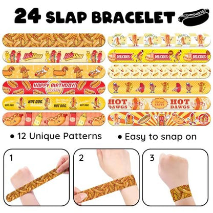BOIKOKY 96 PCS Hot Dog Party Favors Set – 72 Pre-Cut Temporary Tattoos & 24 Slap Bracelets for Kids, Food-Themed Birthday, BBQ, Classroom Rewards