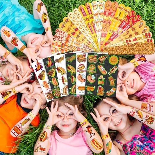 BOIKOKY 96 PCS Hot Dog Party Favors Set – 72 Pre-Cut Temporary Tattoos & 24 Slap Bracelets for Kids, Food-Themed Birthday, BBQ, Classroom Rewards - görsel 12