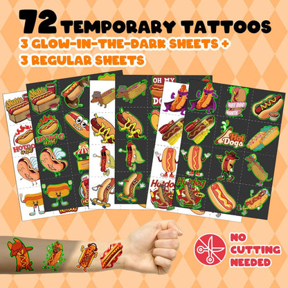 BOIKOKY 96 PCS Hot Dog Party Favors Set – 72 Pre-Cut Temporary Tattoos & 24 Slap Bracelets for Kids, Food-Themed Birthday, BBQ, Classroom Rewards