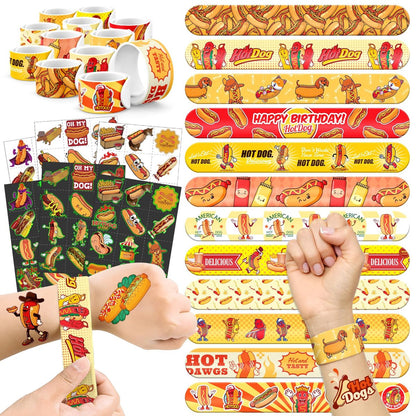 BOIKOKY 96 PCS Hot Dog Party Favors Set – 72 Pre-Cut Temporary Tattoos & 24 Slap Bracelets for Kids, Food-Themed Birthday, BBQ, Classroom Rewards