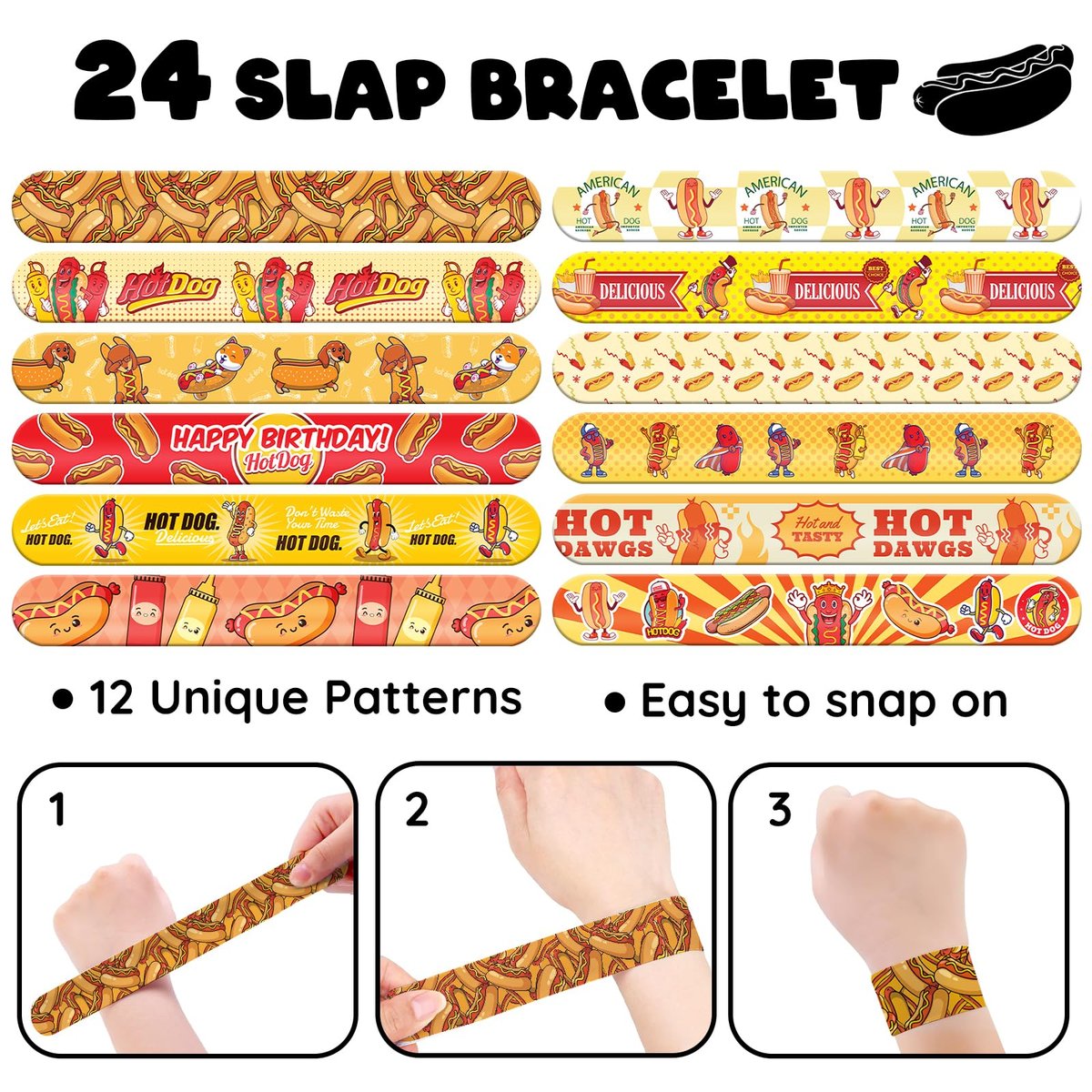 BOIKOKY 96 PCS Hot Dog Party Favors Set – 72 Pre-Cut Temporary Tattoos & 24 Slap Bracelets for Kids, Food-Themed Birthday, BBQ, Classroom Rewards - görsel 9