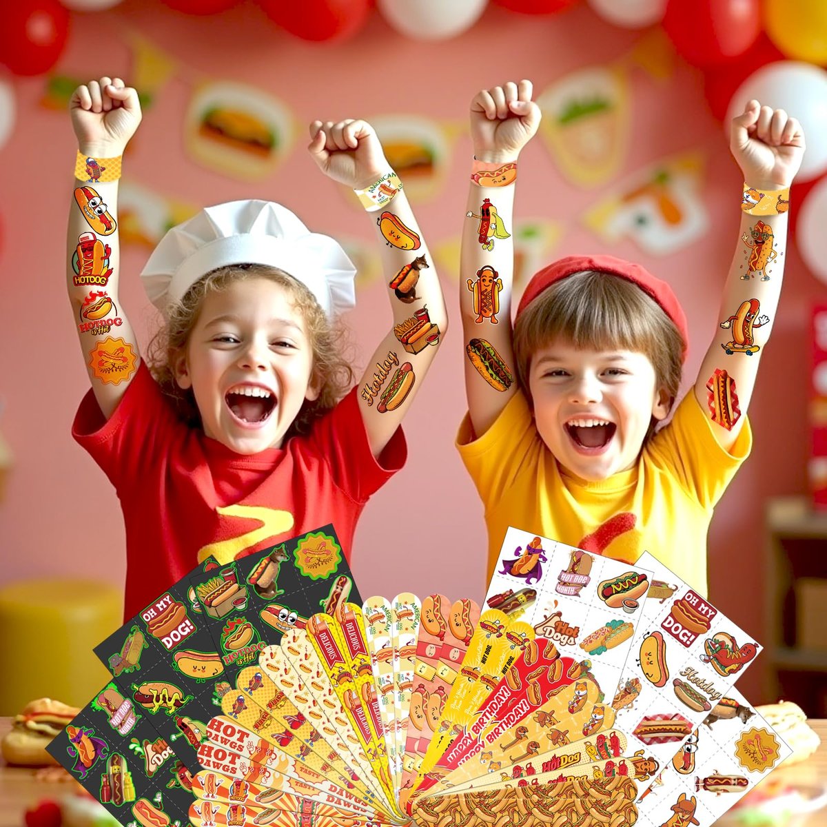 BOIKOKY 96 PCS Hot Dog Party Favors Set – 72 Pre-Cut Temporary Tattoos & 24 Slap Bracelets for Kids, Food-Themed Birthday, BBQ, Classroom Rewards - görsel 13