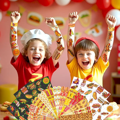 BOIKOKY 96 PCS Hot Dog Party Favors Set – 72 Pre-Cut Temporary Tattoos & 24 Slap Bracelets for Kids, Food-Themed Birthday, BBQ, Classroom Rewards