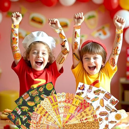 BOIKOKY 96 PCS Hot Dog Party Favors Set – 72 Pre-Cut Temporary Tattoos & 24 Slap Bracelets for Kids, Food-Themed Birthday, BBQ, Classroom Rewards