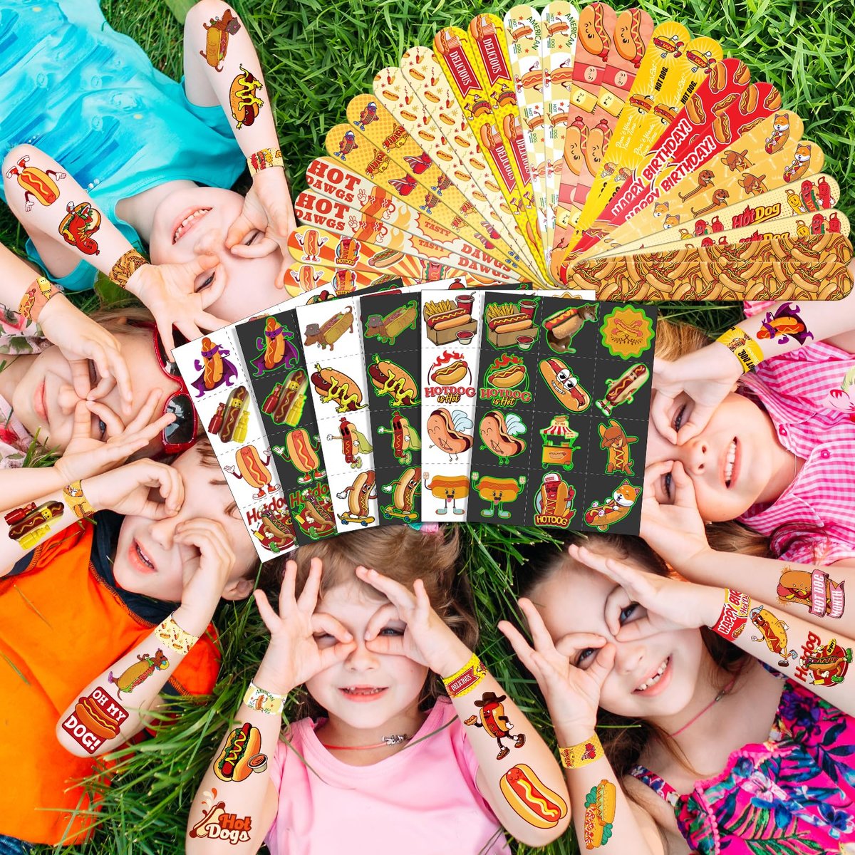 BOIKOKY 96 PCS Hot Dog Party Favors Set – 72 Pre-Cut Temporary Tattoos & 24 Slap Bracelets for Kids, Food-Themed Birthday, BBQ, Classroom Rewards - görsel 11