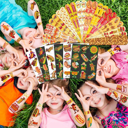BOIKOKY 96 PCS Hot Dog Party Favors Set – 72 Pre-Cut Temporary Tattoos & 24 Slap Bracelets for Kids, Food-Themed Birthday, BBQ, Classroom Rewards