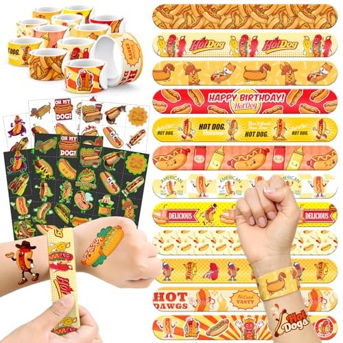 BOIKOKY 96 PCS Hot Dog Party Favors Set – 72 Pre-Cut Temporary Tattoos & 24 Slap Bracelets for Kids, Food-Themed Birthday, BBQ, Classroom Rewards - görsel 2