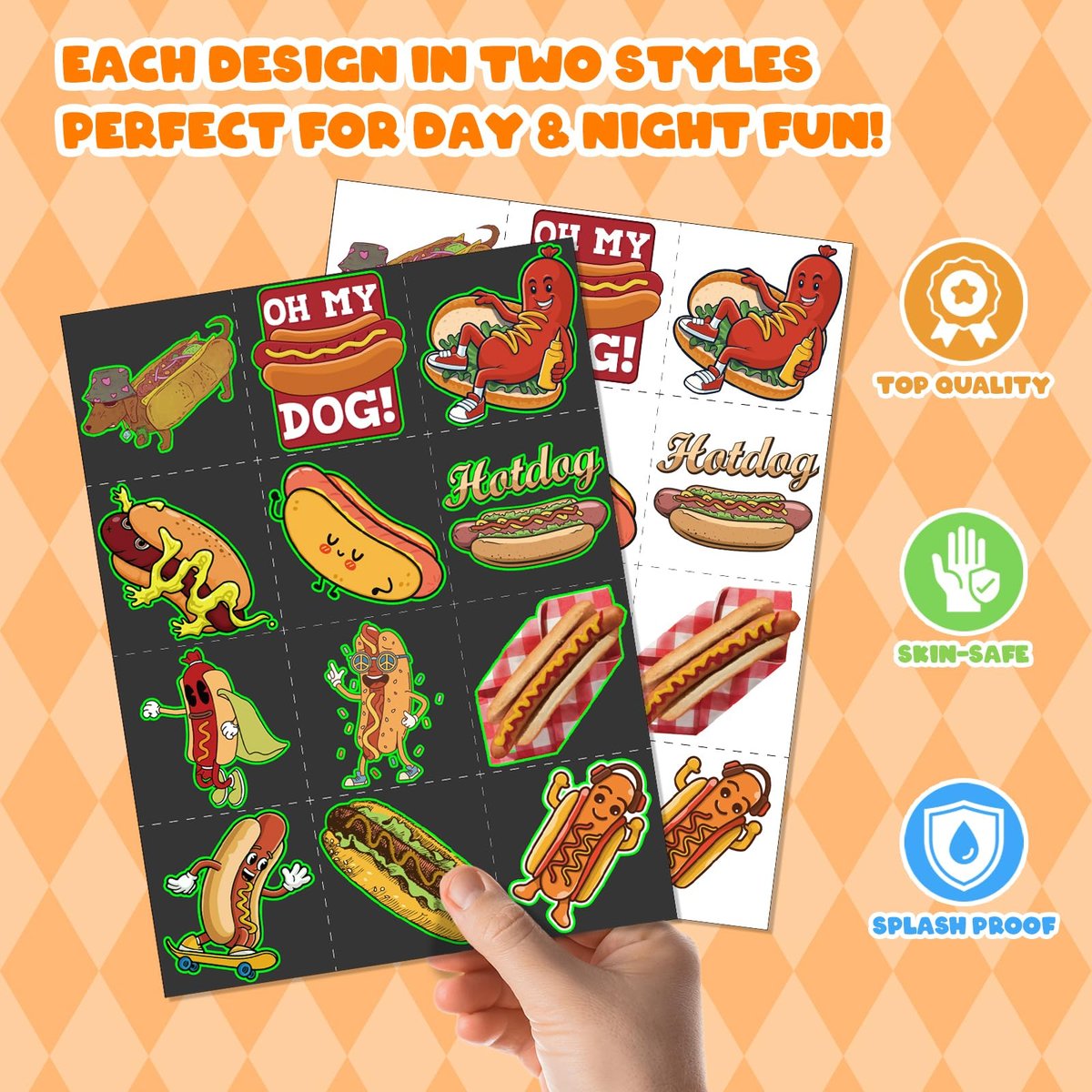 BOIKOKY 96 PCS Hot Dog Party Favors Set – 72 Pre-Cut Temporary Tattoos & 24 Slap Bracelets for Kids, Food-Themed Birthday, BBQ, Classroom Rewards - görsel 7