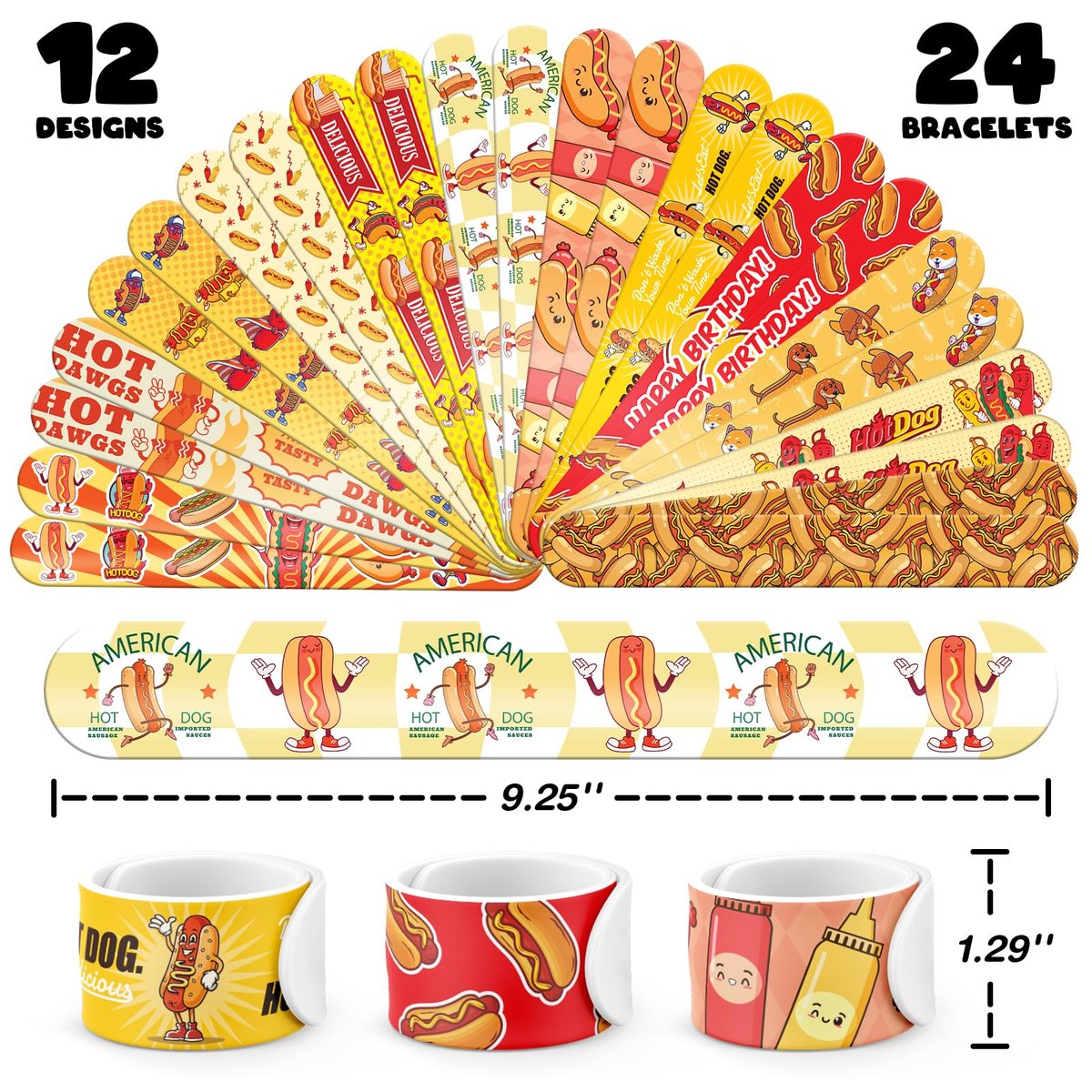 BOIKOKY 96 PCS Hot Dog Party Favors Set – 72 Pre-Cut Temporary Tattoos & 24 Slap Bracelets for Kids, Food-Themed Birthday, BBQ, Classroom Rewards - görsel 3
