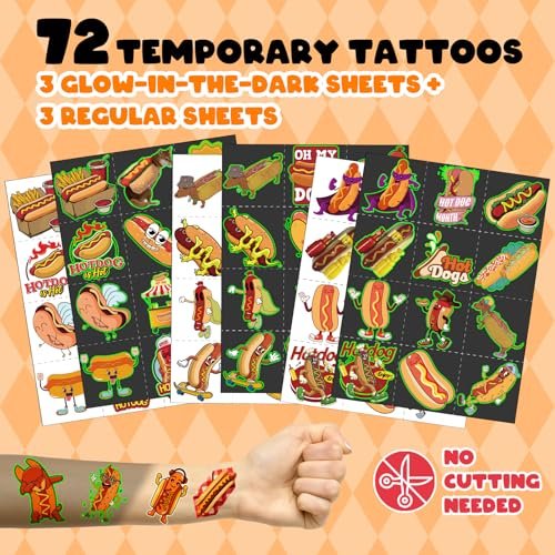 BOIKOKY 96 PCS Hot Dog Party Favors Set – 72 Pre-Cut Temporary Tattoos & 24 Slap Bracelets for Kids, Food-Themed Birthday, BBQ, Classroom Rewards - görsel 6