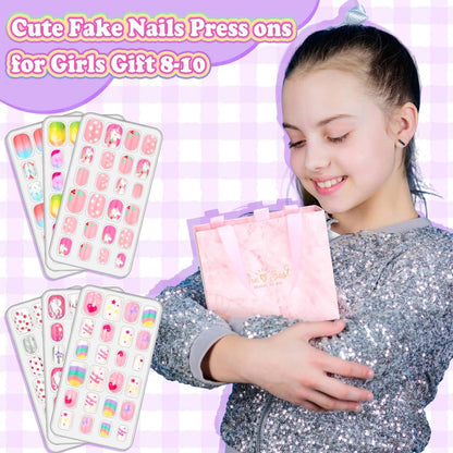 144 Pcs Press on Nails for Kids - Cute Fake Nails with Glue Kit, Jelly Adhesive & Acrylic Tips, Gift Set for Girls 8-12 Avelisse