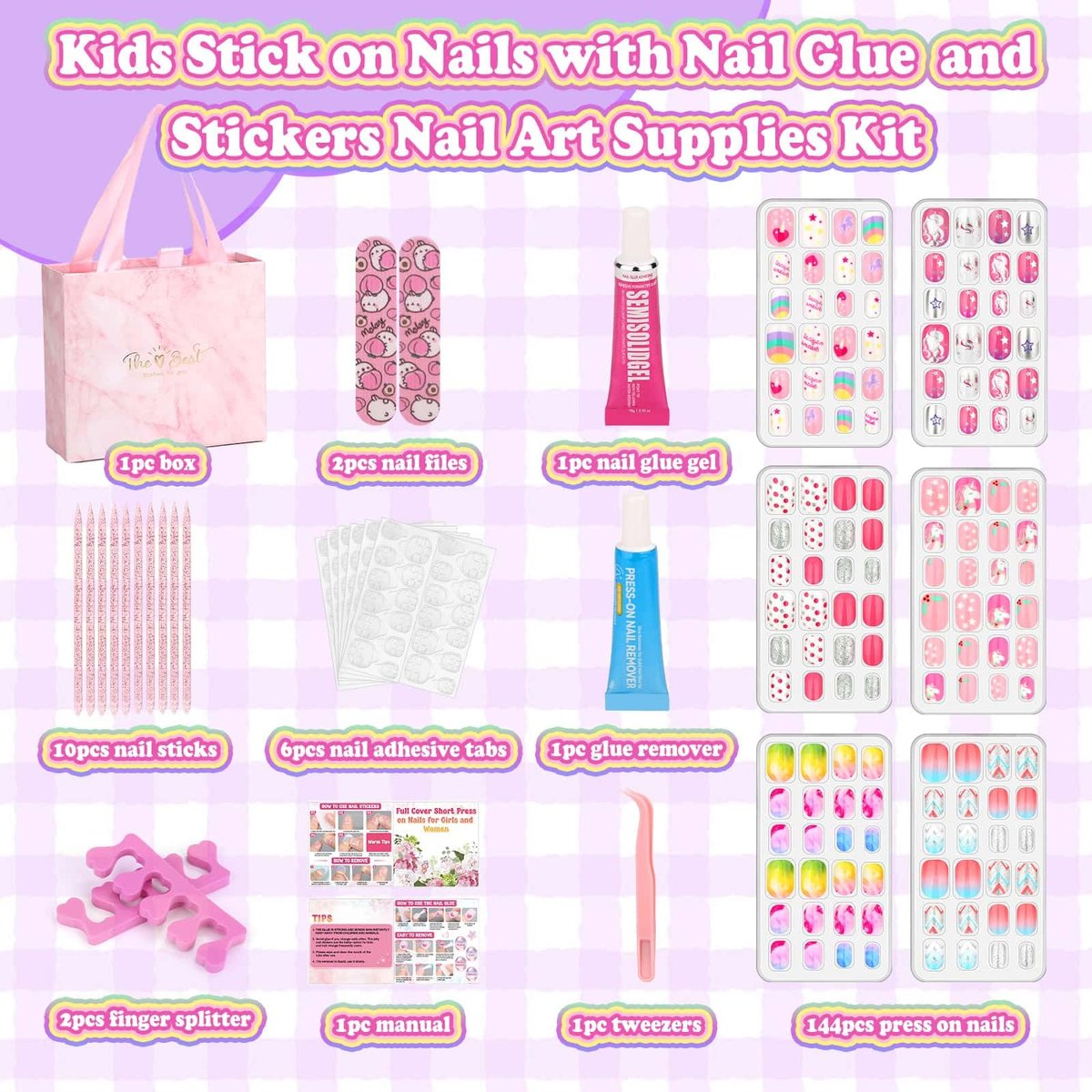 144 Pcs Press on Nails for Kids - Cute Fake Nails with Glue Kit, Jelly Adhesive & Acrylic Tips, Gift Set for Girls 8-12 Avelisse