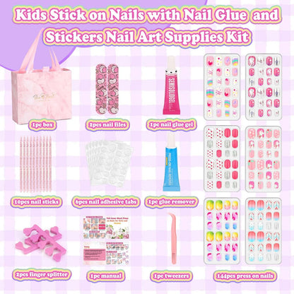 144 Pcs Press on Nails for Kids - Cute Fake Nails with Glue Kit, Jelly Adhesive & Acrylic Tips, Gift Set for Girls 8-12 Avelisse