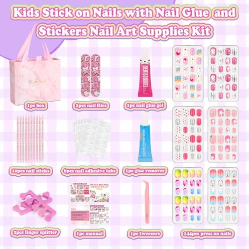 144 Pcs Press on Nails for Kids - Cute Fake Nails with Glue Kit, Jelly Adhesive & Acrylic Tips, Gift Set for Girls 8-12 Avelisse