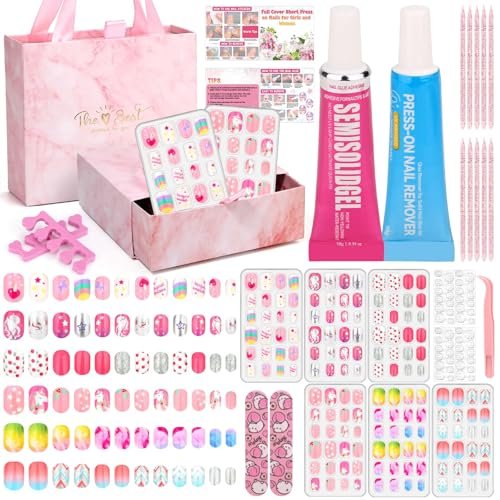 144 Pcs Press on Nails for Kids - Cute Fake Nails with Glue Kit, Jelly Adhesive & Acrylic Tips, Gift Set for Girls 8-12 Avelisse