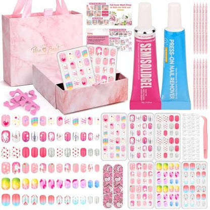 144 Pcs Press on Nails for Kids - Cute Fake Nails with Glue Kit, Jelly Adhesive & Acrylic Tips, Gift Set for Girls 8-12 Avelisse