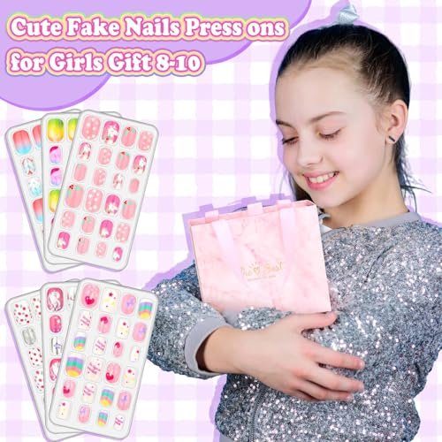 144 Pcs Press on Nails for Kids - Cute Fake Nails with Glue Kit, Jelly Adhesive & Acrylic Tips, Gift Set for Girls 8-12 Avelisse