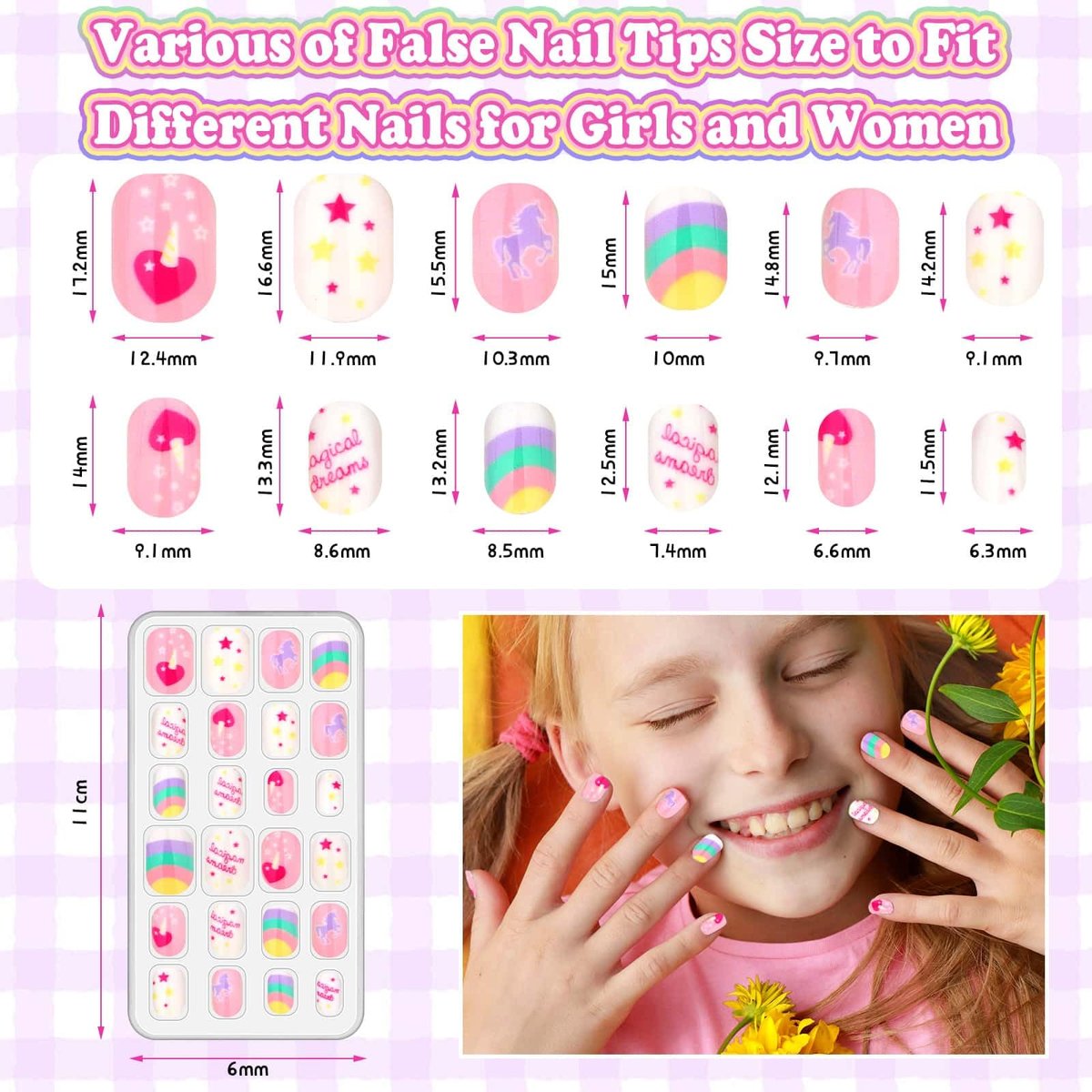 144 Pcs Press on Nails for Kids - Cute Fake Nails with Glue Kit, Jelly Adhesive & Acrylic Tips, Gift Set for Girls 8-12 Avelisse