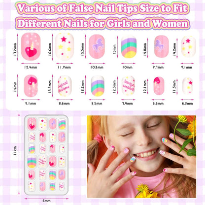 144 Pcs Press on Nails for Kids - Cute Fake Nails with Glue Kit, Jelly Adhesive & Acrylic Tips, Gift Set for Girls 8-12 Avelisse