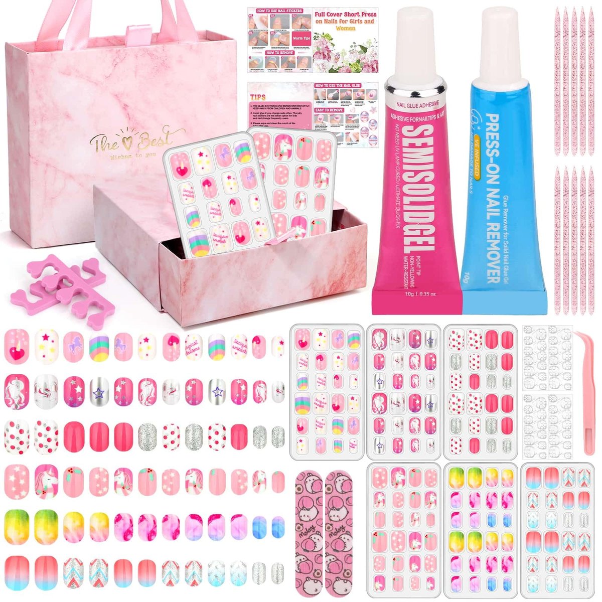 144 Pcs Press on Nails for Kids - Cute Fake Nails with Glue Kit, Jelly Adhesive & Acrylic Tips, Gift Set for Girls 8-12 Avelisse