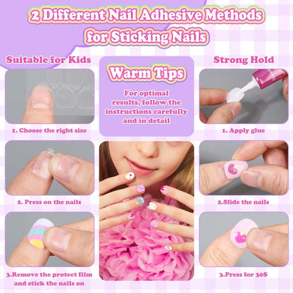 144 Pcs Press on Nails for Kids - Cute Fake Nails with Glue Kit, Jelly Adhesive & Acrylic Tips, Gift Set for Girls 8-12 Avelisse