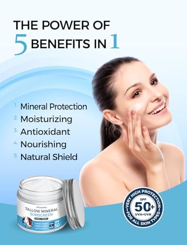 Stilip Organic Beef Tallow Sunscreen SPF 50 - Non-Toxic Zinc Oxide Mineral Sunblock, 2-in-1 Moisturizer & Sunscreen, Reef Safe, Chemical-Free, Lightweight for Sensitive Skin (2.12 oz) Avelisse