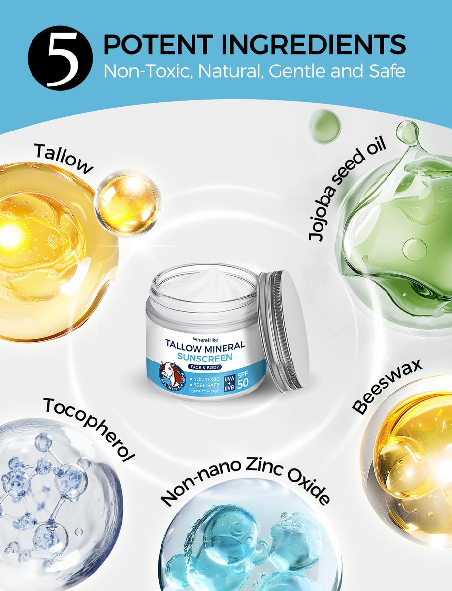 Stilip Organic Beef Tallow Sunscreen SPF 50 - Non-Toxic Zinc Oxide Mineral Sunblock, 2-in-1 Moisturizer & Sunscreen, Reef Safe, Chemical-Free, Lightweight for Sensitive Skin (2.12 oz) Avelisse