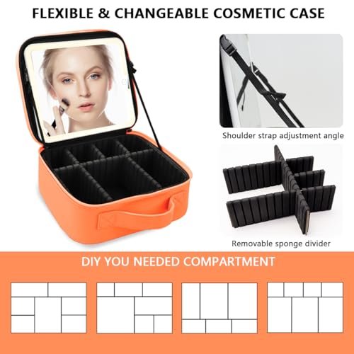 MORMID Large Vanity Makeup Bag with LED Mirror & 10x Magnifying Mirror - Orange, Adjustable Dividers, Portable Cosmetic Case for Women & Makeup Artists - görsel 6
