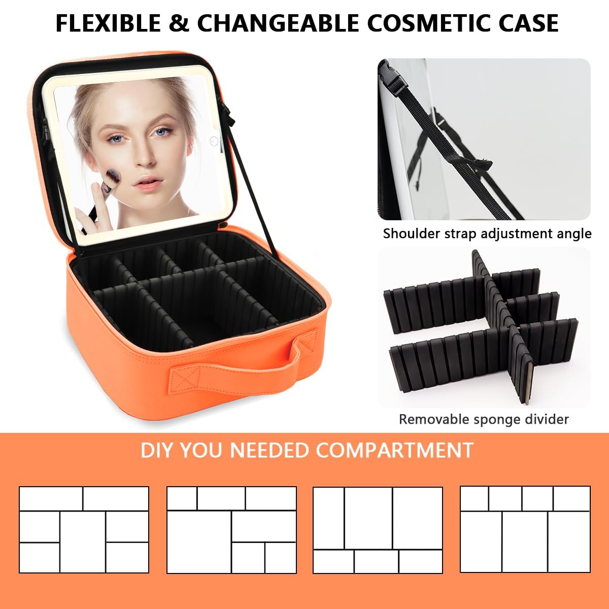 MORMID Large Vanity Makeup Bag with LED Mirror & 10x Magnifying Mirror - Orange, Adjustable Dividers, Portable Cosmetic Case for Women & Makeup Artists - görsel 5