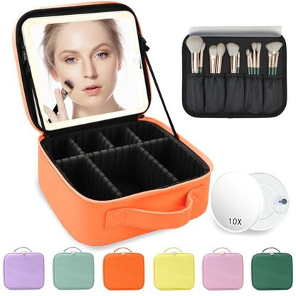 MORMID Large Vanity Makeup Bag with LED Mirror & 10x Magnifying Mirror - Orange, Adjustable Dividers, Portable Cosmetic Case for Women & Makeup Artists
