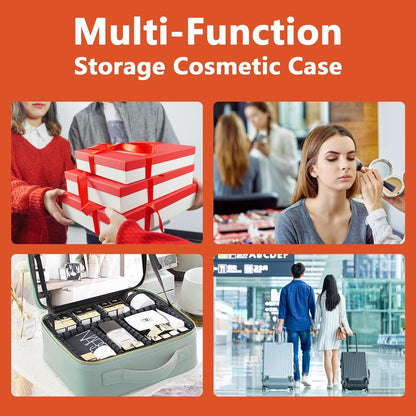 MORMID Large Vanity Makeup Bag with LED Mirror & 10x Magnifying Mirror - Orange, Adjustable Dividers, Portable Cosmetic Case for Women & Makeup Artists