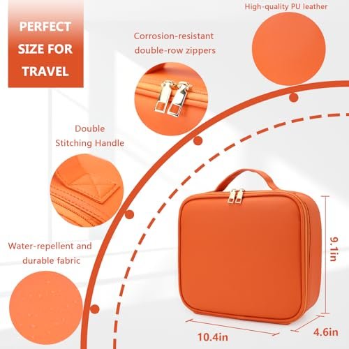 MORMID Large Vanity Makeup Bag with LED Mirror & 10x Magnifying Mirror - Orange, Adjustable Dividers, Portable Cosmetic Case for Women & Makeup Artists - görsel 4