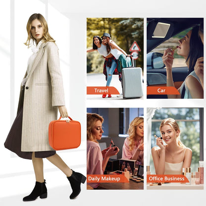 MORMID Large Vanity Makeup Bag with LED Mirror & 10x Magnifying Mirror - Orange, Adjustable Dividers, Portable Cosmetic Case for Women & Makeup Artists