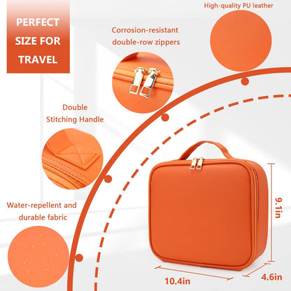 MORMID Large Vanity Makeup Bag with LED Mirror & 10x Magnifying Mirror - Orange, Adjustable Dividers, Portable Cosmetic Case for Women & Makeup Artists