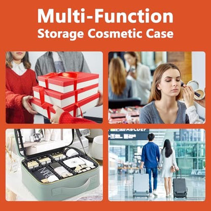 MORMID Large Vanity Makeup Bag with LED Mirror & 10x Magnifying Mirror - Orange, Adjustable Dividers, Portable Cosmetic Case for Women & Makeup Artists