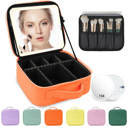 MORMID Large Vanity Makeup Bag with LED Mirror & 10x Magnifying Mirror - Orange, Adjustable Dividers, Portable Cosmetic Case for Women & Makeup Artists